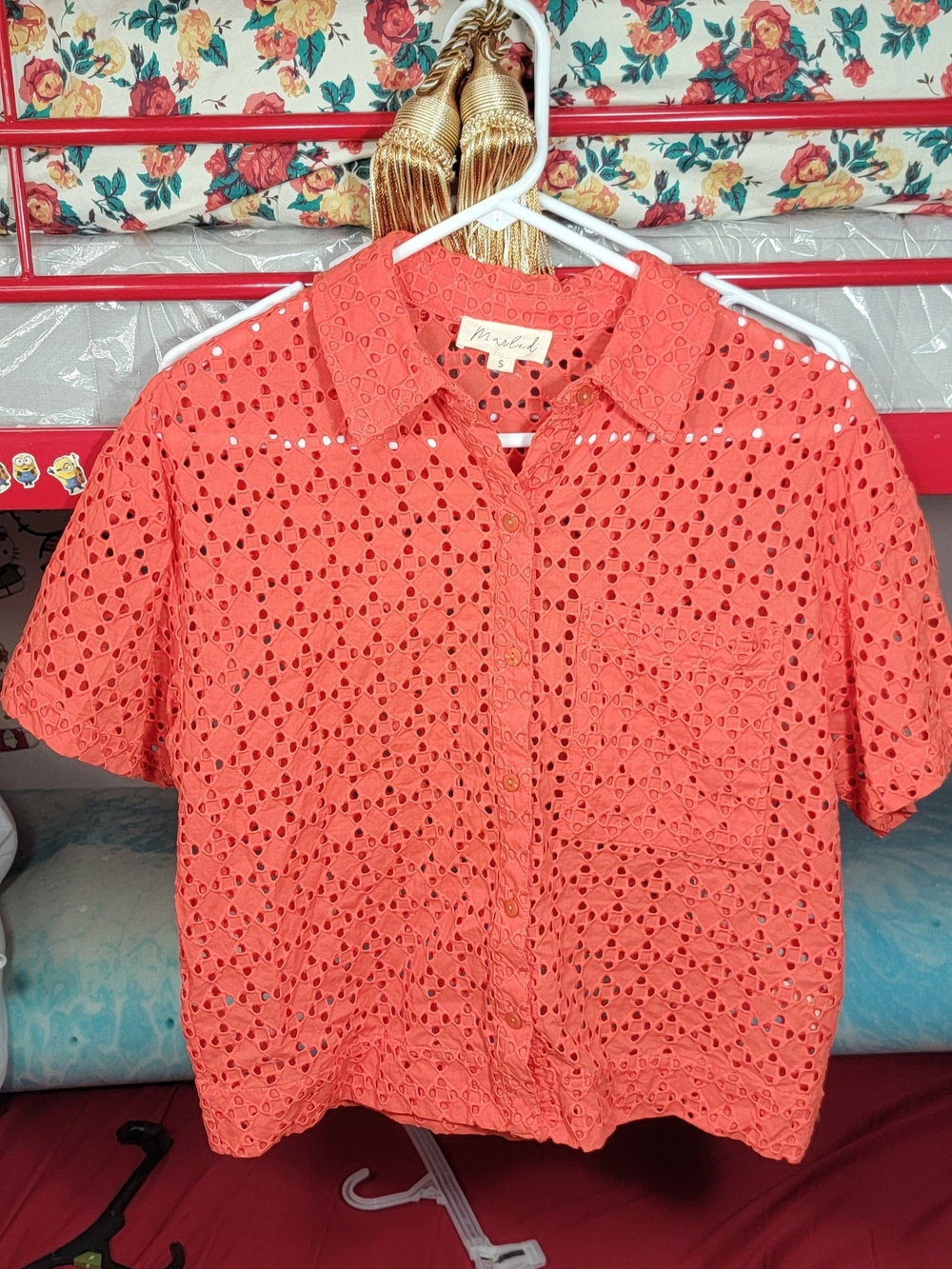Marled Coral Eyelet Button-Down Shirt Size Small